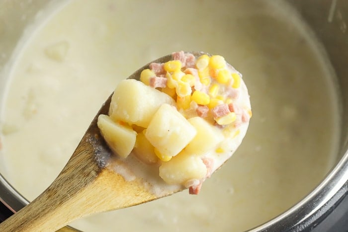 spoon of Potato Corn Chowder from the Instant Pot