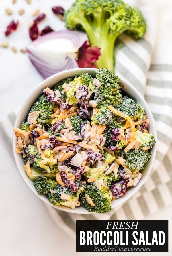 BROCCOLI SALAD in bowl with recipe title on image
