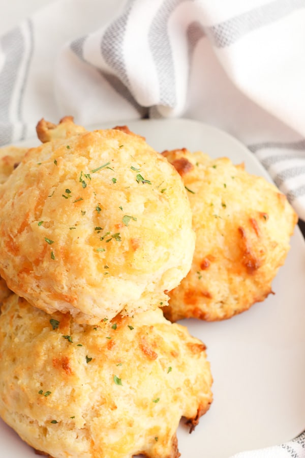 Cheddar Bay Biscuits close up in stack