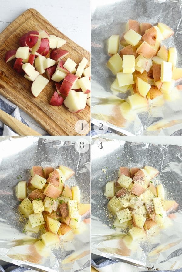 Grilled Potatoes recipes steps photos 1-4 (cutting the potatoes and layering them with spices on foil)