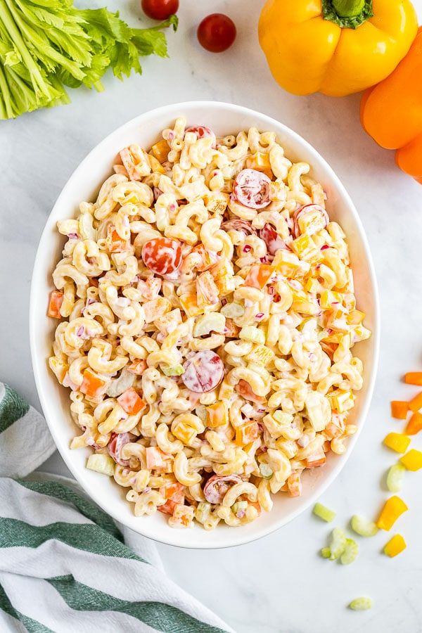 Macaroni Salad in a white serving bowl overhead