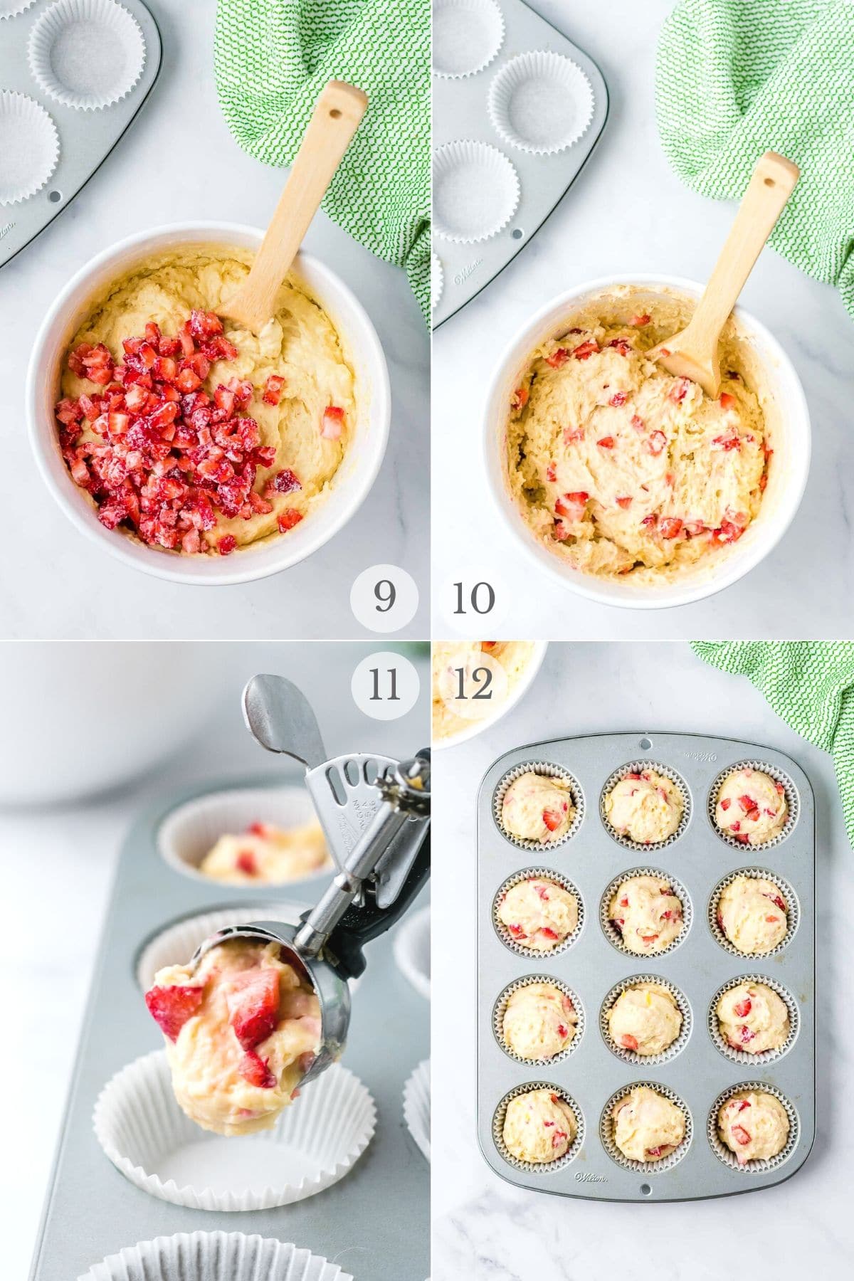 Strawberry Muffins recipes steps photos 9-12 (completing the batter and adding it to a muffin pan)