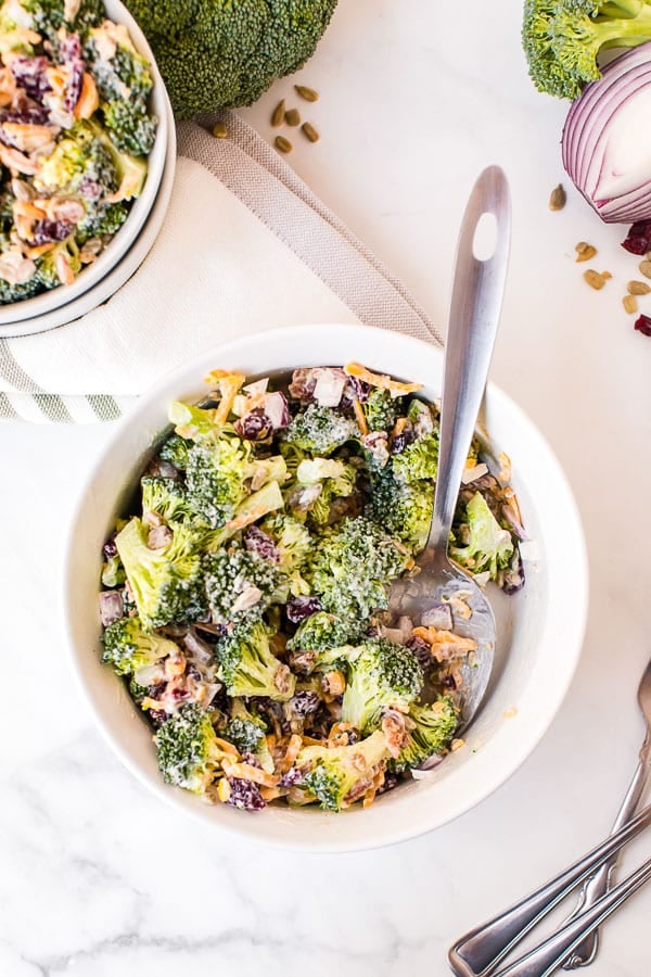 prepared broccoli salad with spoon