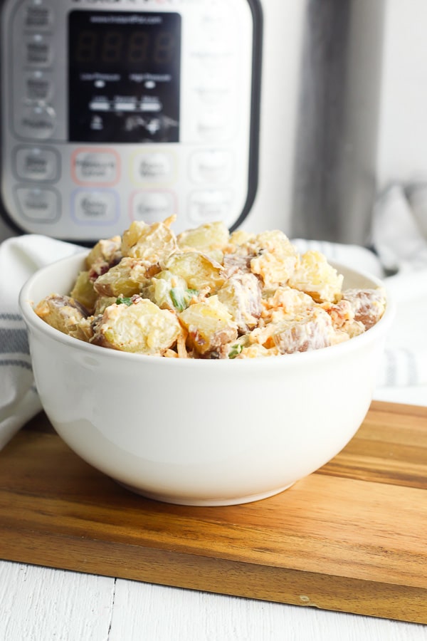 instant pot and baked potato salad with an Instant Pot in background