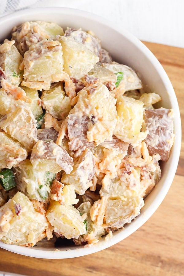 instant pot potato salad in a white bowl 