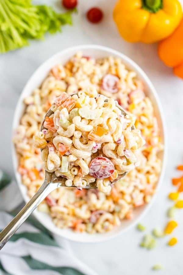 serving spoon of Macaroni Salad