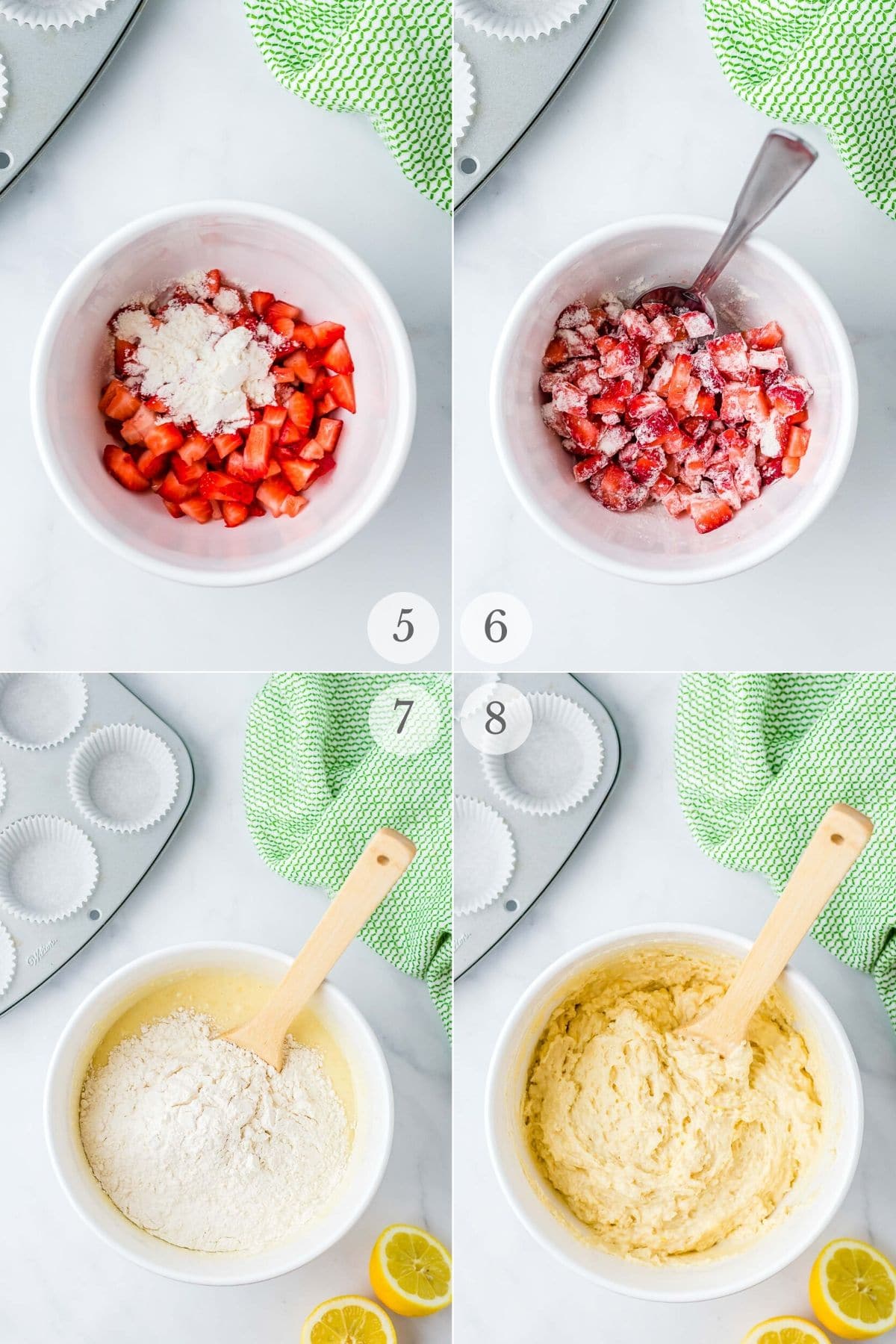 Strawberry Muffins recipes steps photos 5-8 (adding strawberries to the batter)
