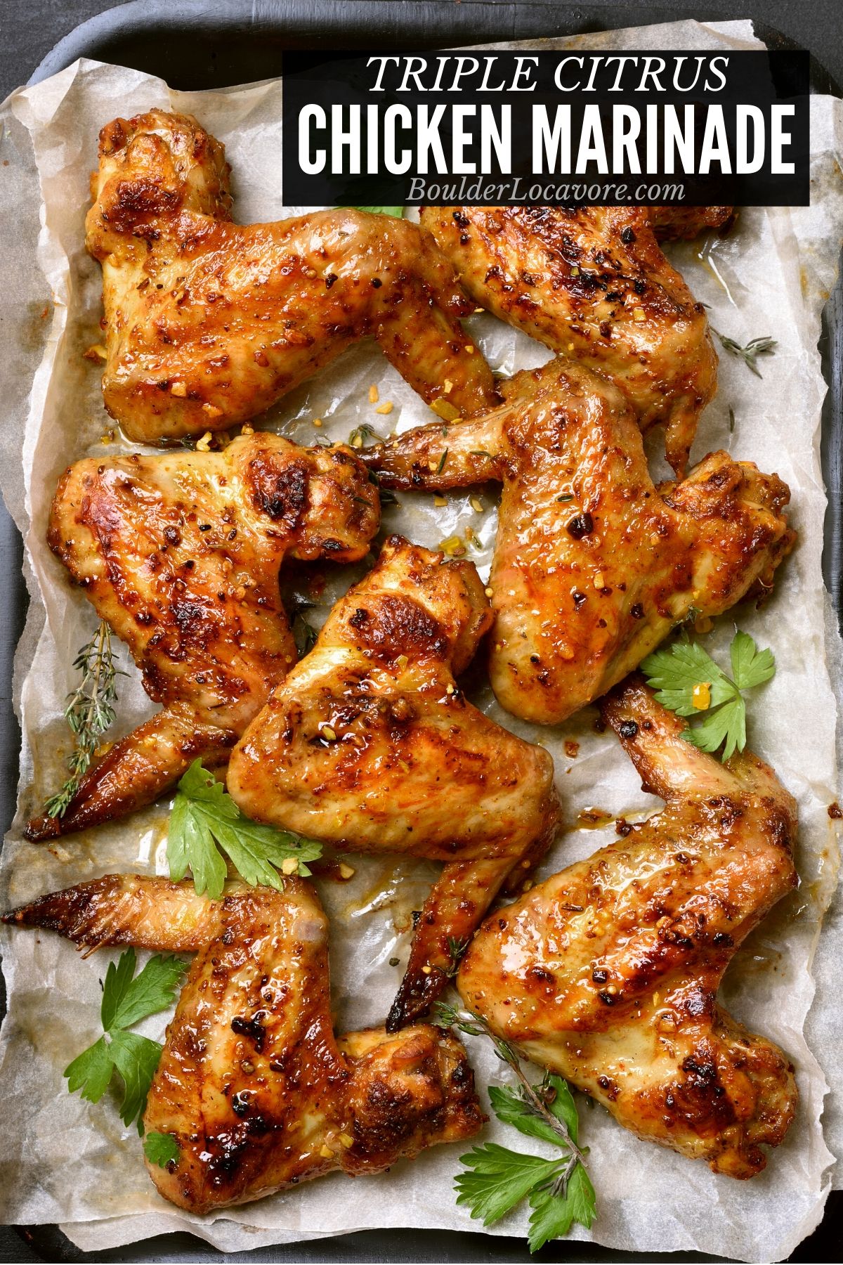 grilled chicken wings on a platter (title image for Chicken Marinade)