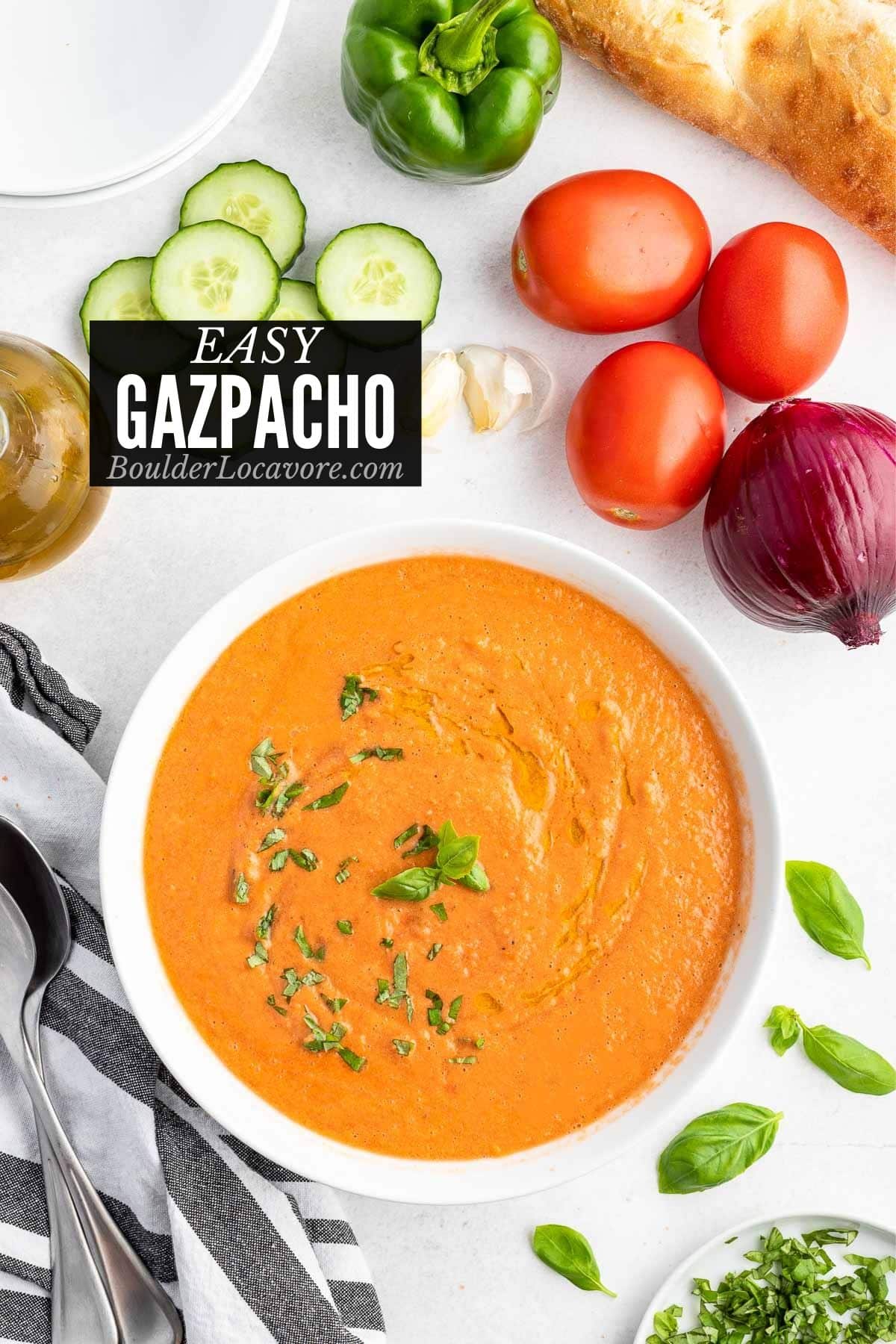 bowl of gazpacho soup with vegetable ingredients around title image