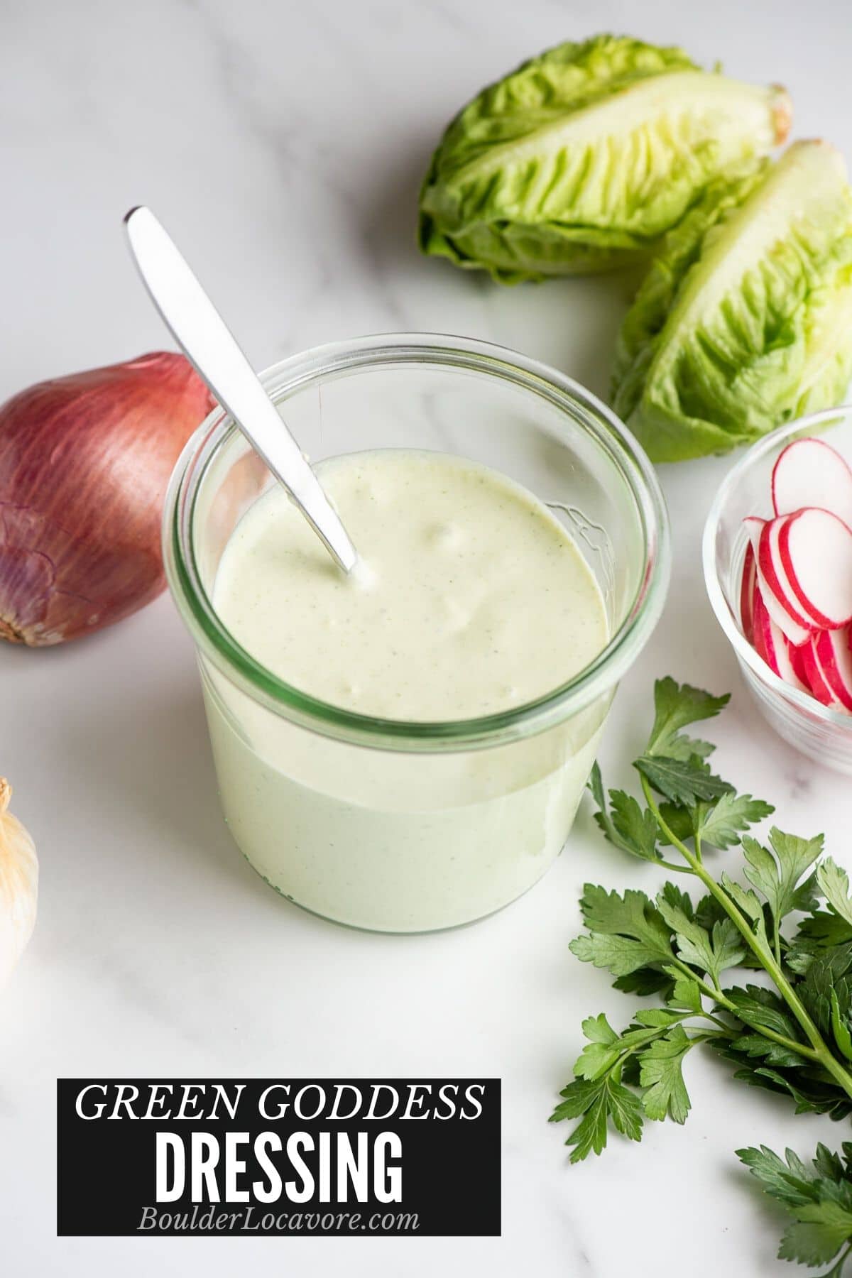 Green Goddess Dressing in a glass jar with spoon and recipe title image