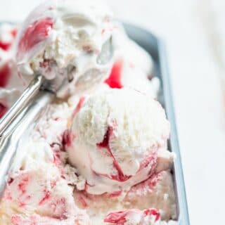 No Churn Ice Cream vanilla with strawberry jam ripple title image