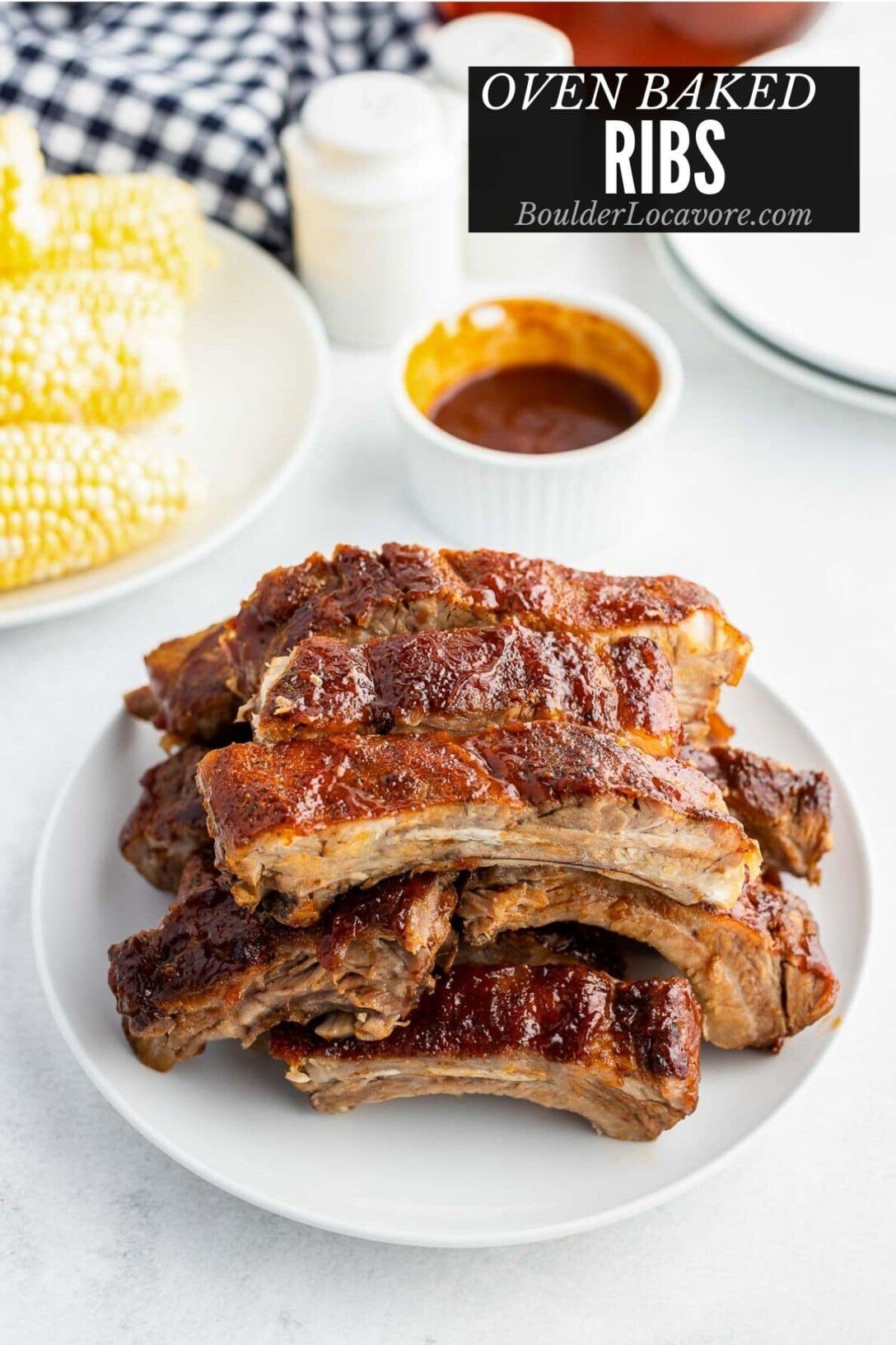Oven Baked Ribs on a white plate (title image)