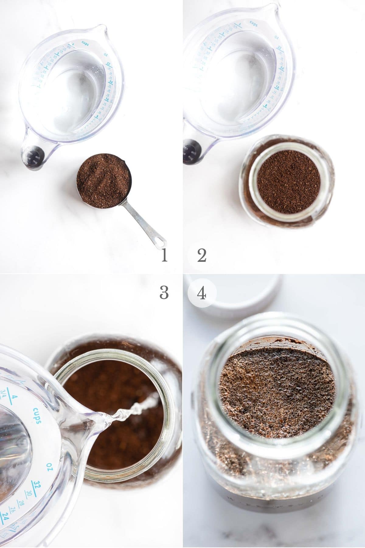 Steps to make Cold Brew Coffee (photo collage) adding coffee to water in glass jar