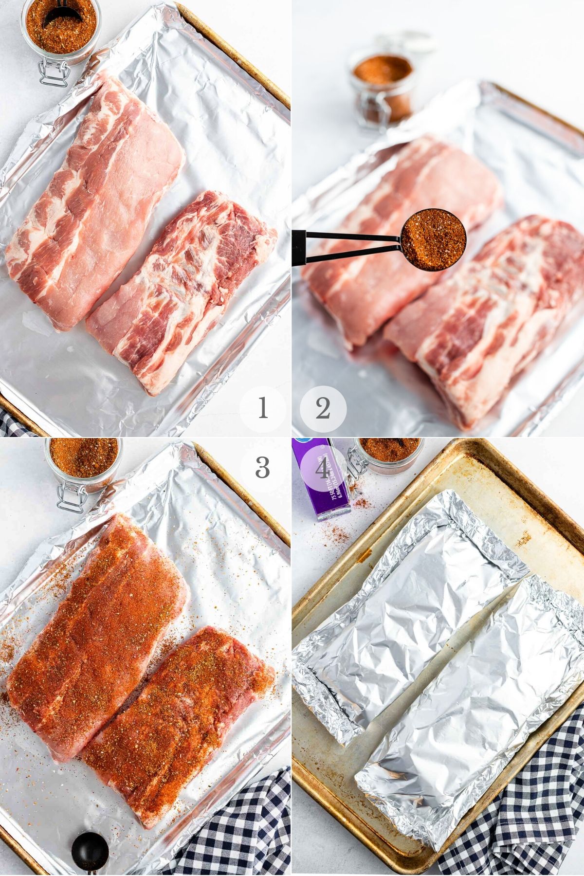 how to make oven baked ribs recipe steps collage adding dry rub and sealing in foil