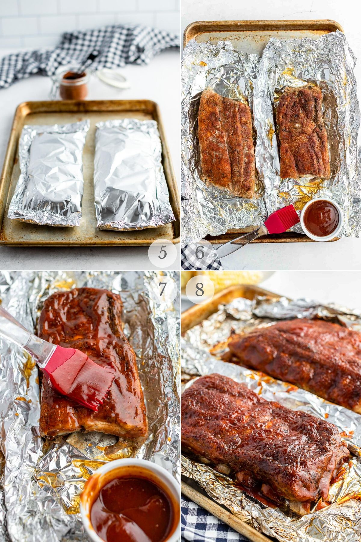 how to make oven baked ribs recipe steps collage basting with BBQ sauce and cooking