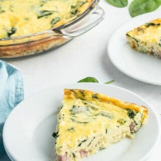 Crustless Quiche on white plates with recipe title