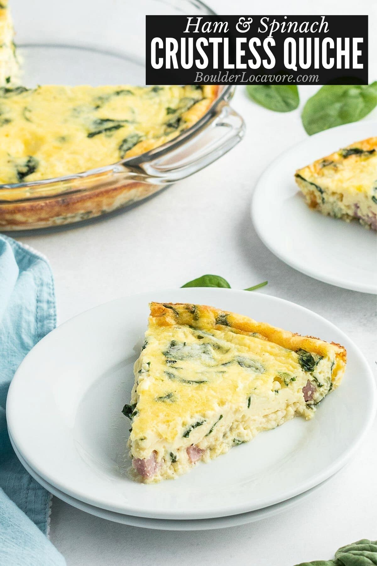 Crustless Quiche on white plates with recipe title
