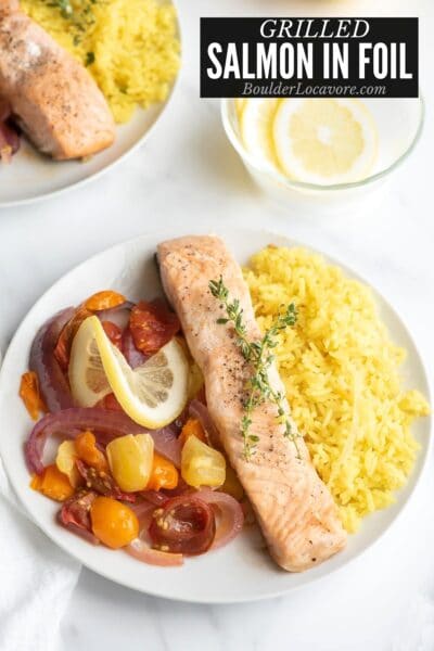 Grilled Salmon in Foil on plate with rice title image