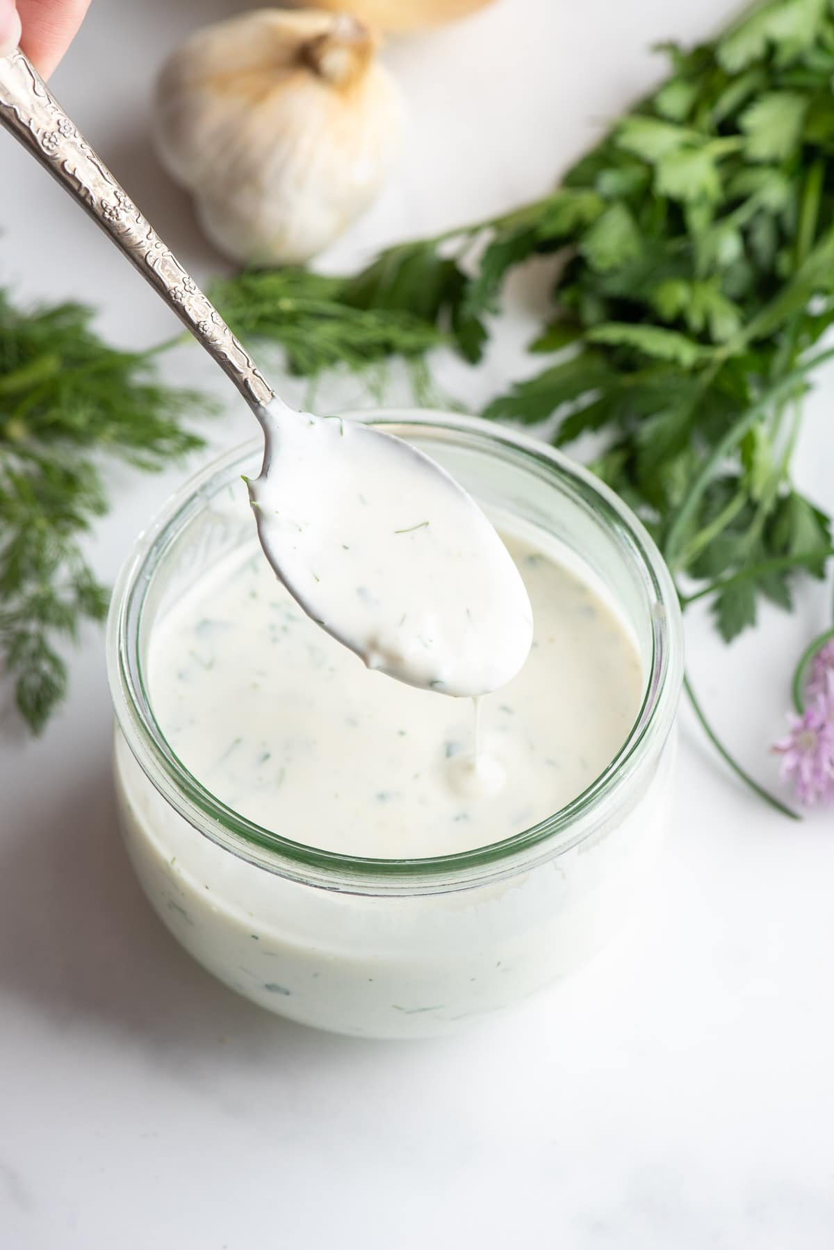 a spoon of Buttermilk Ranch dressing