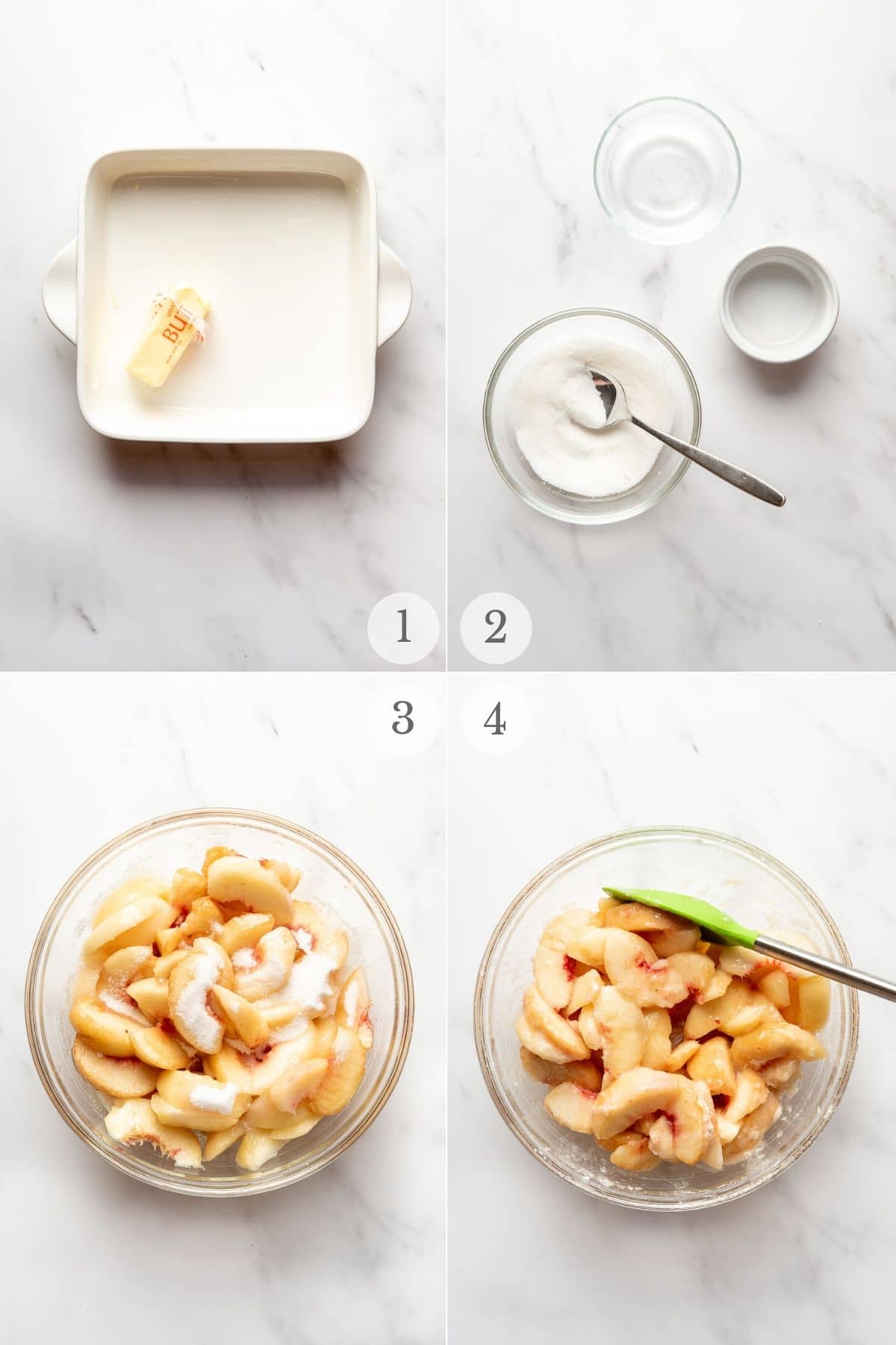 peach crumble recipe steps collage: preparing the peach filling