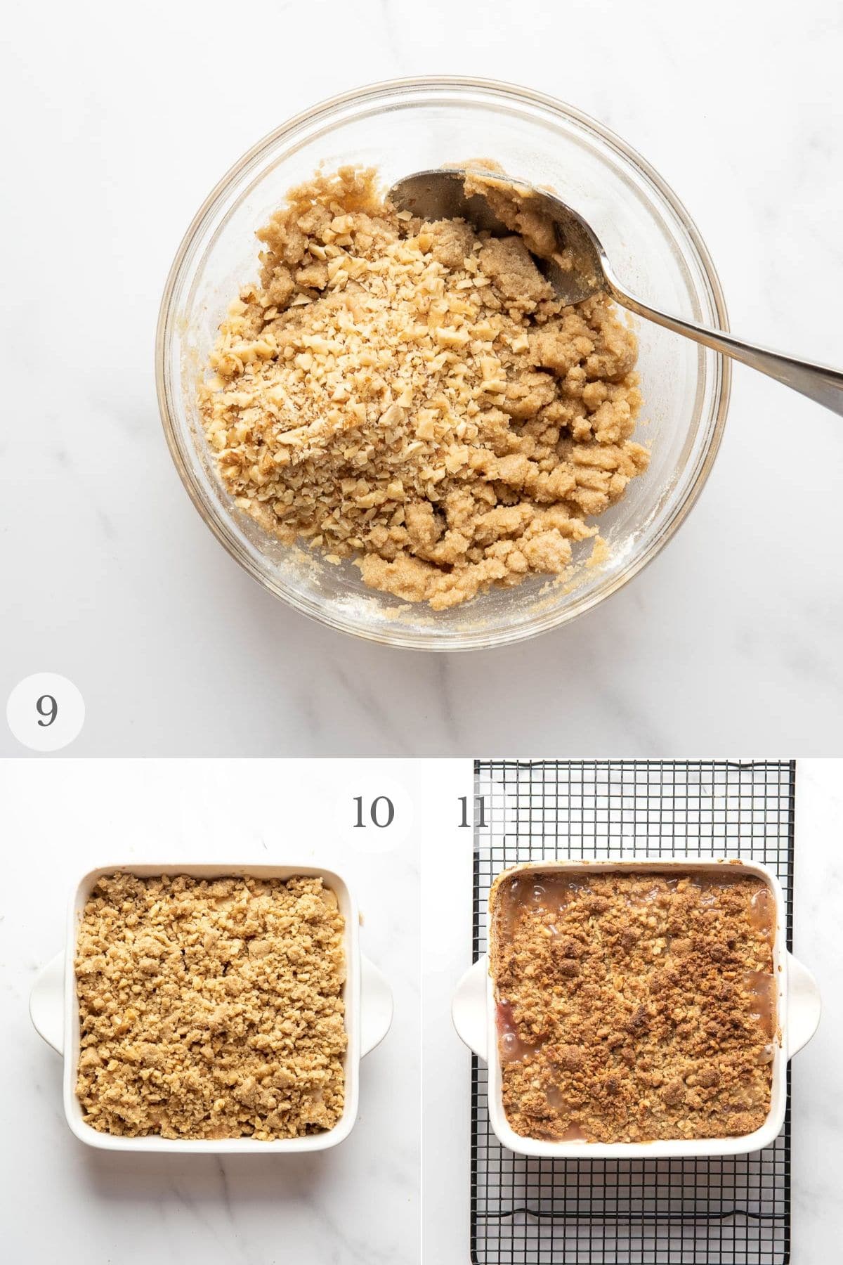 peach crumble recipe steps collage: baking and cooling