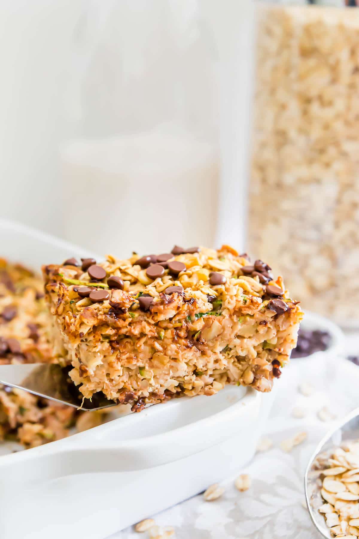 Baked Oatmeal with chocolate chips slice on spatula 