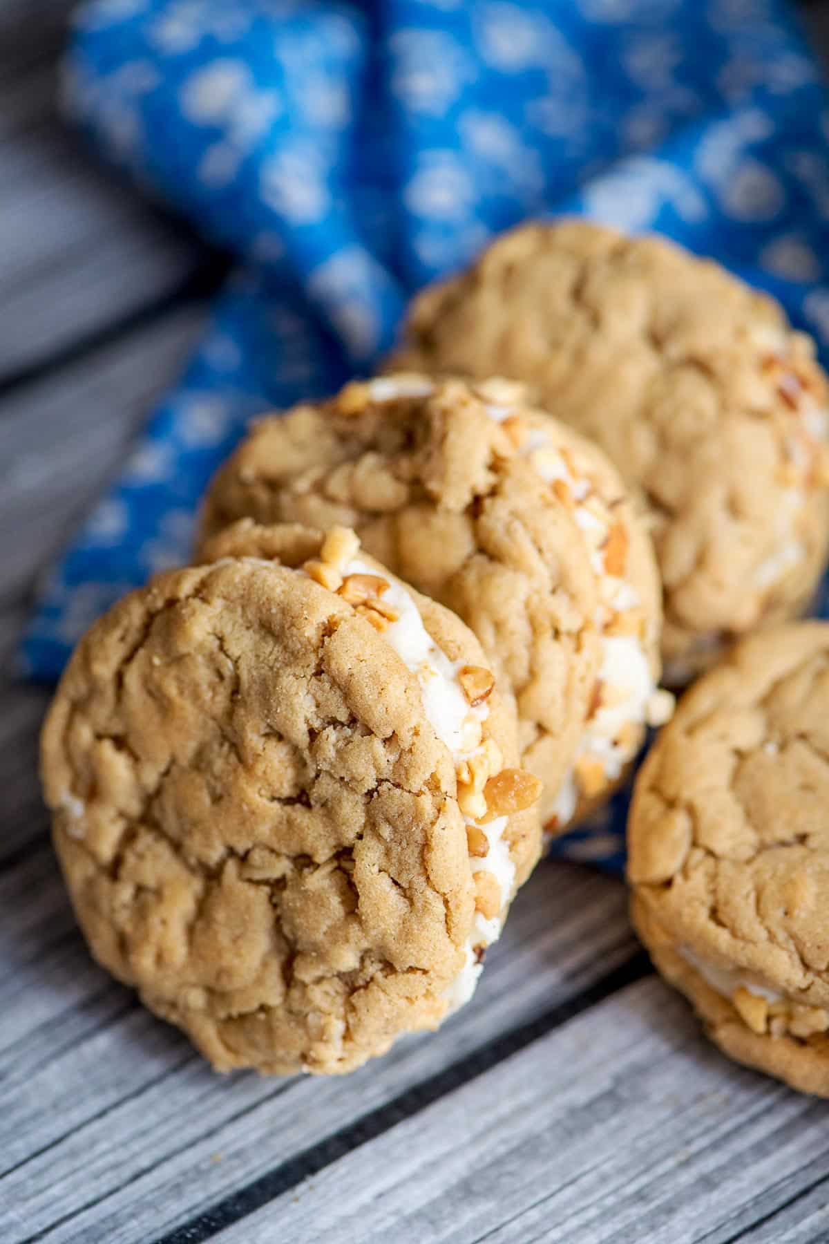 peanut butter oatmeal sandwich cookies laying on each other