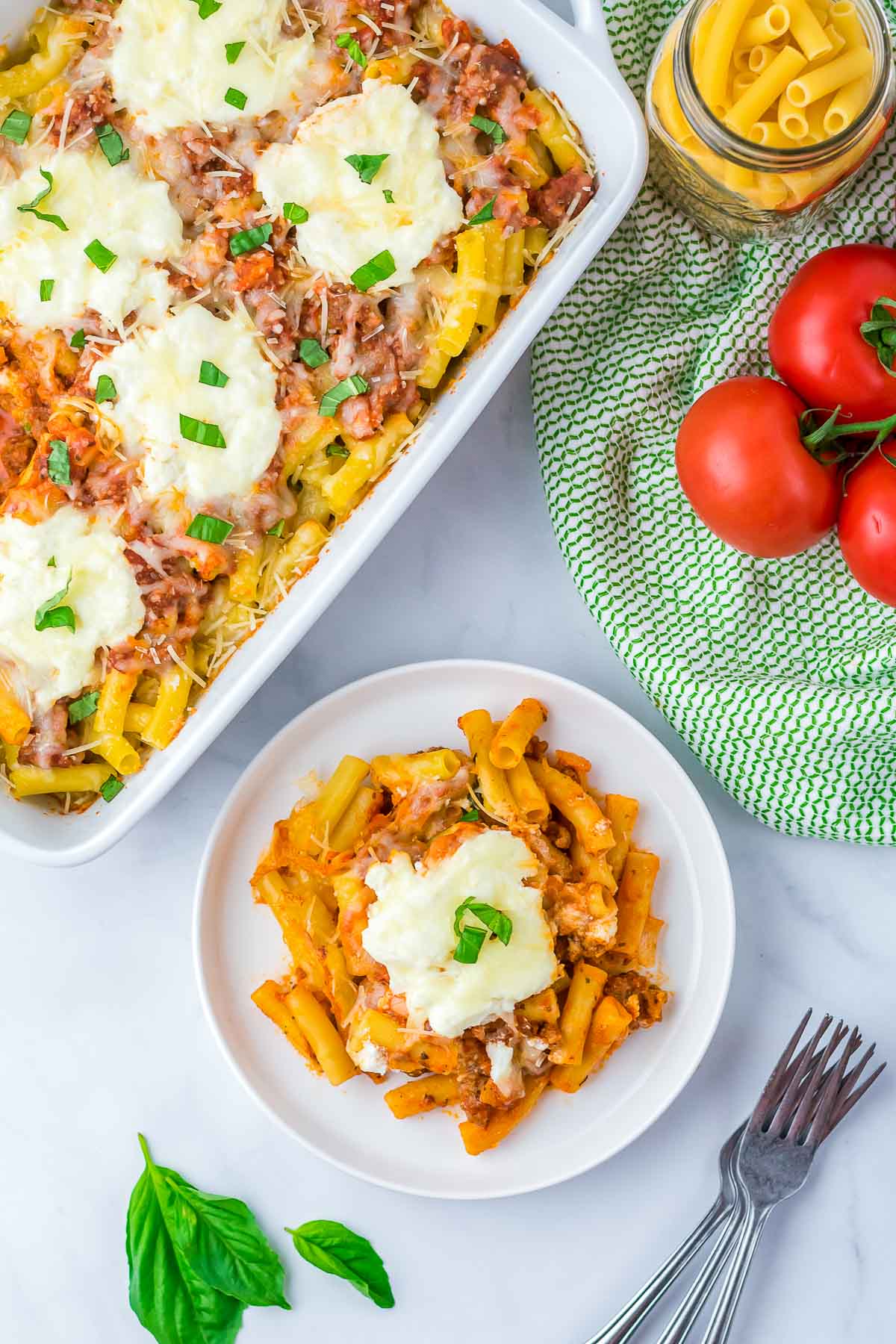 baked ziti in the pan and plate 