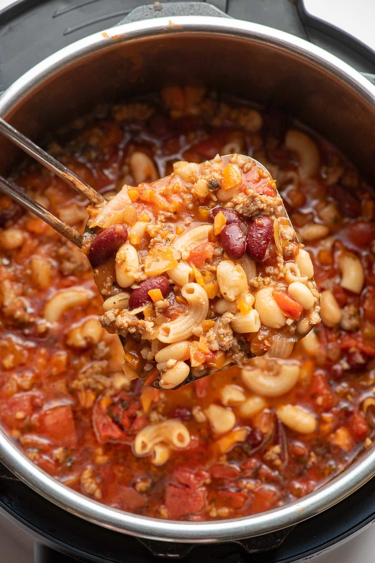 pasta e fagioli in a ladle 