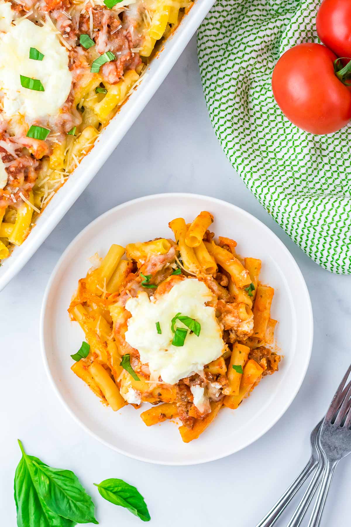 plate of baked ziti overhead