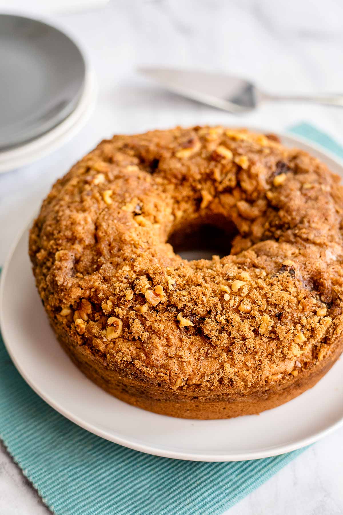 sour cream coffee cake on white plate