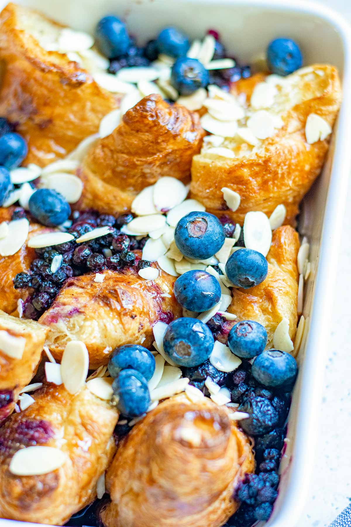 baked croissant french toast close up 