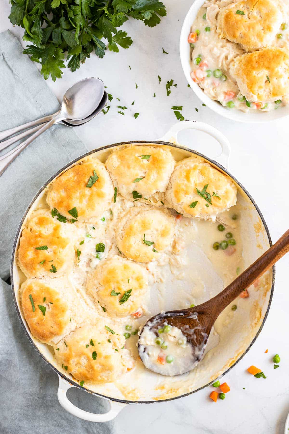 chicken and biscuits serving in baking dish overhead