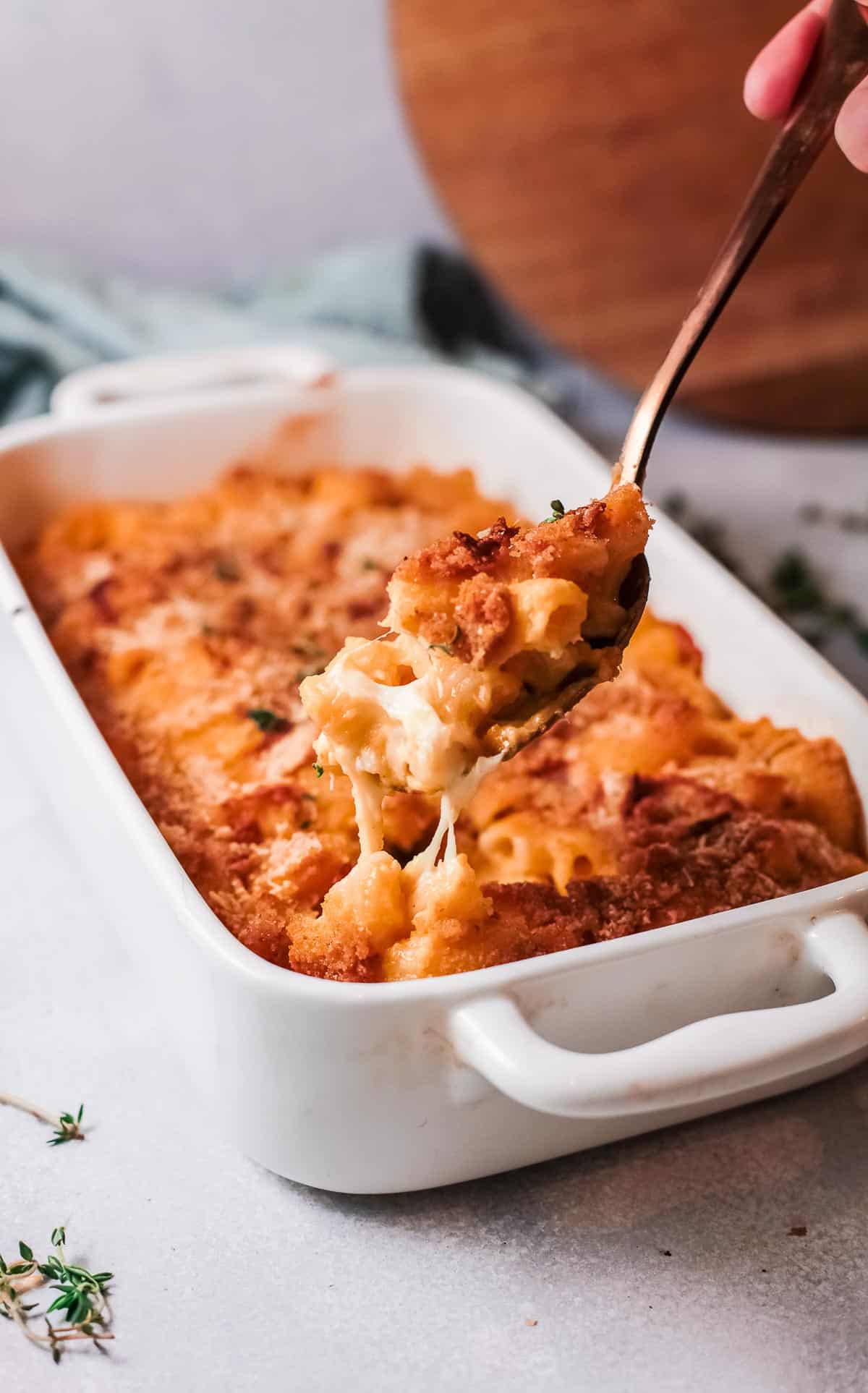 mac and cheese in pan with cheese