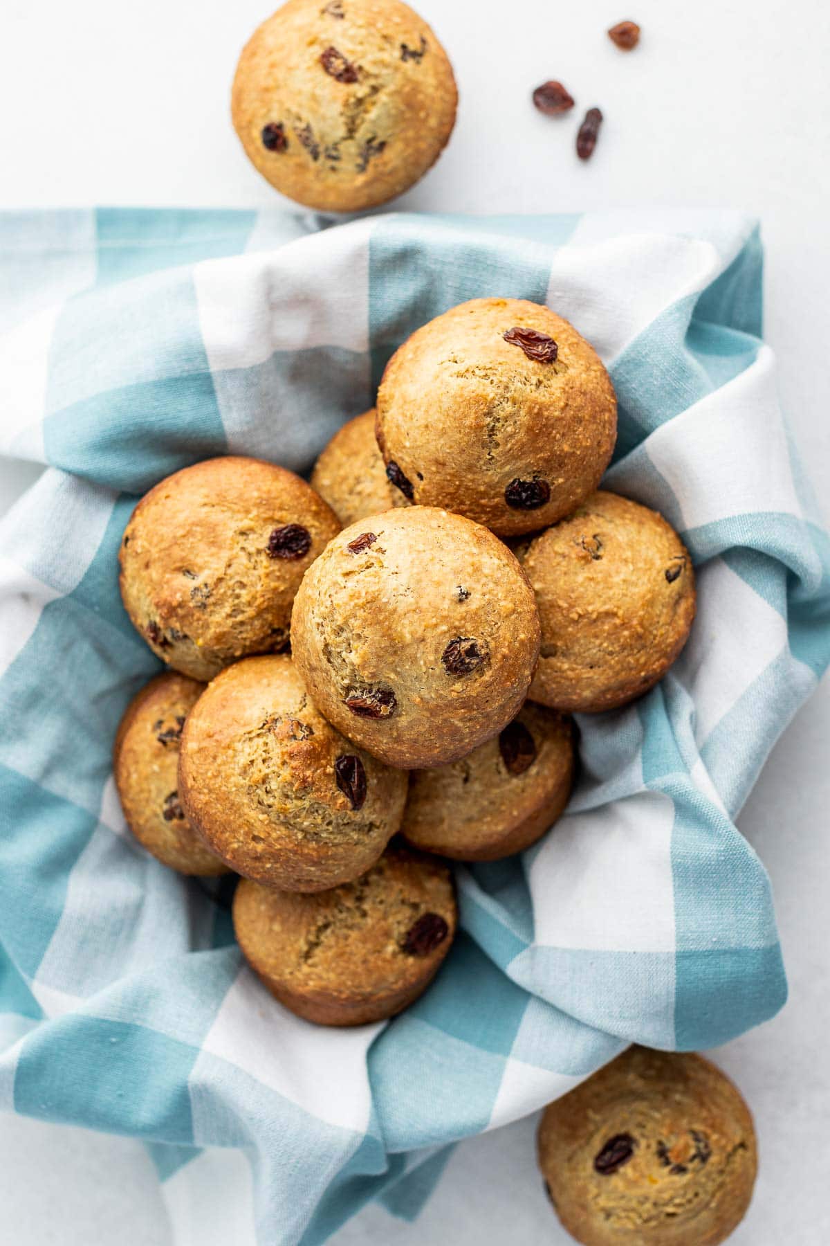 oat bran muffins in a basket overhead