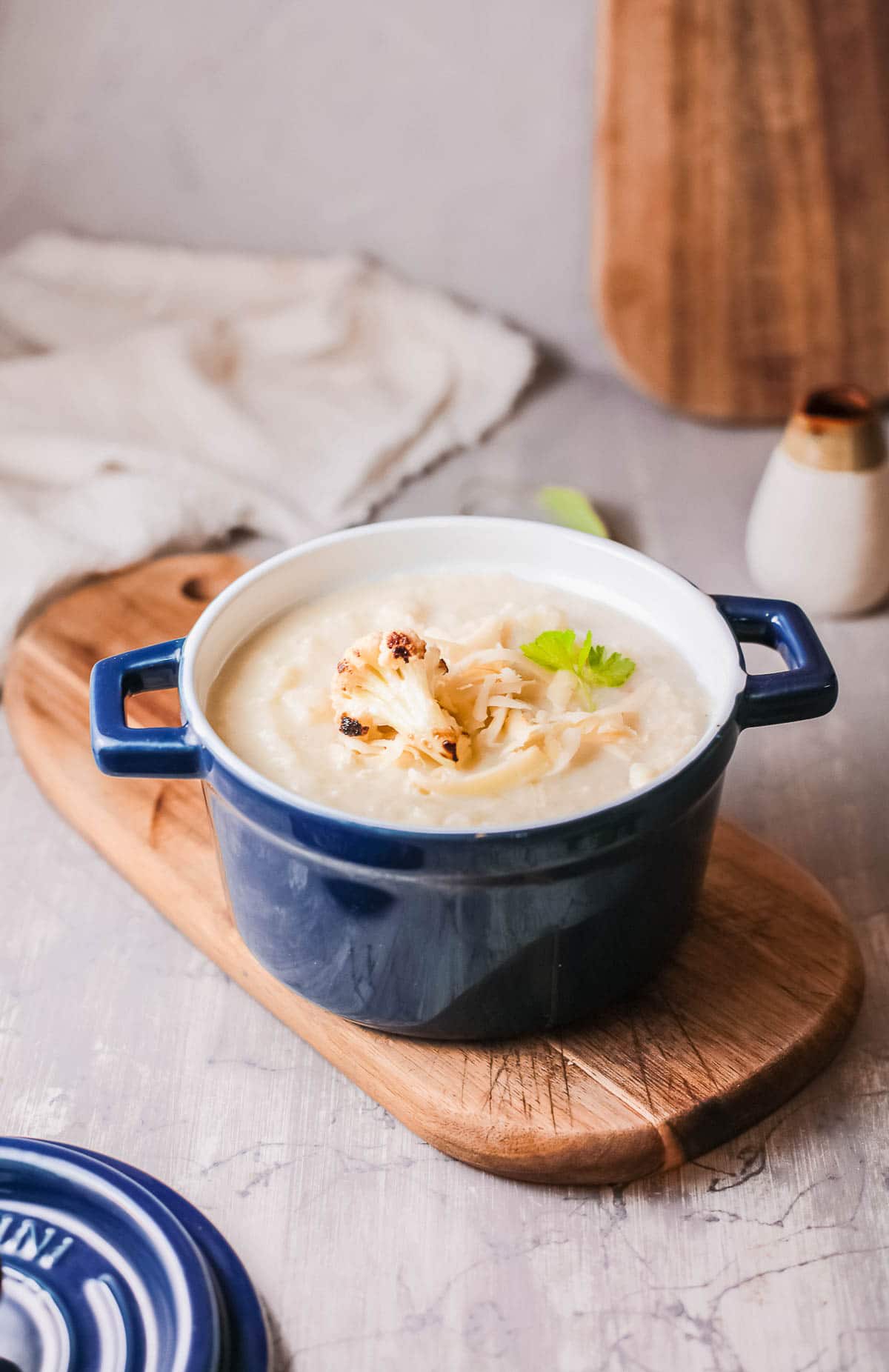 Cauliflower Cheese soup in bowl side view