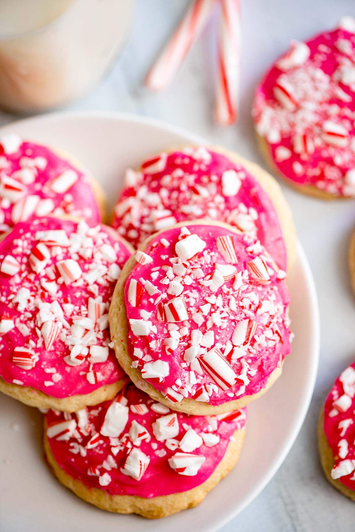peppermint frosted sugar cookies on a plate