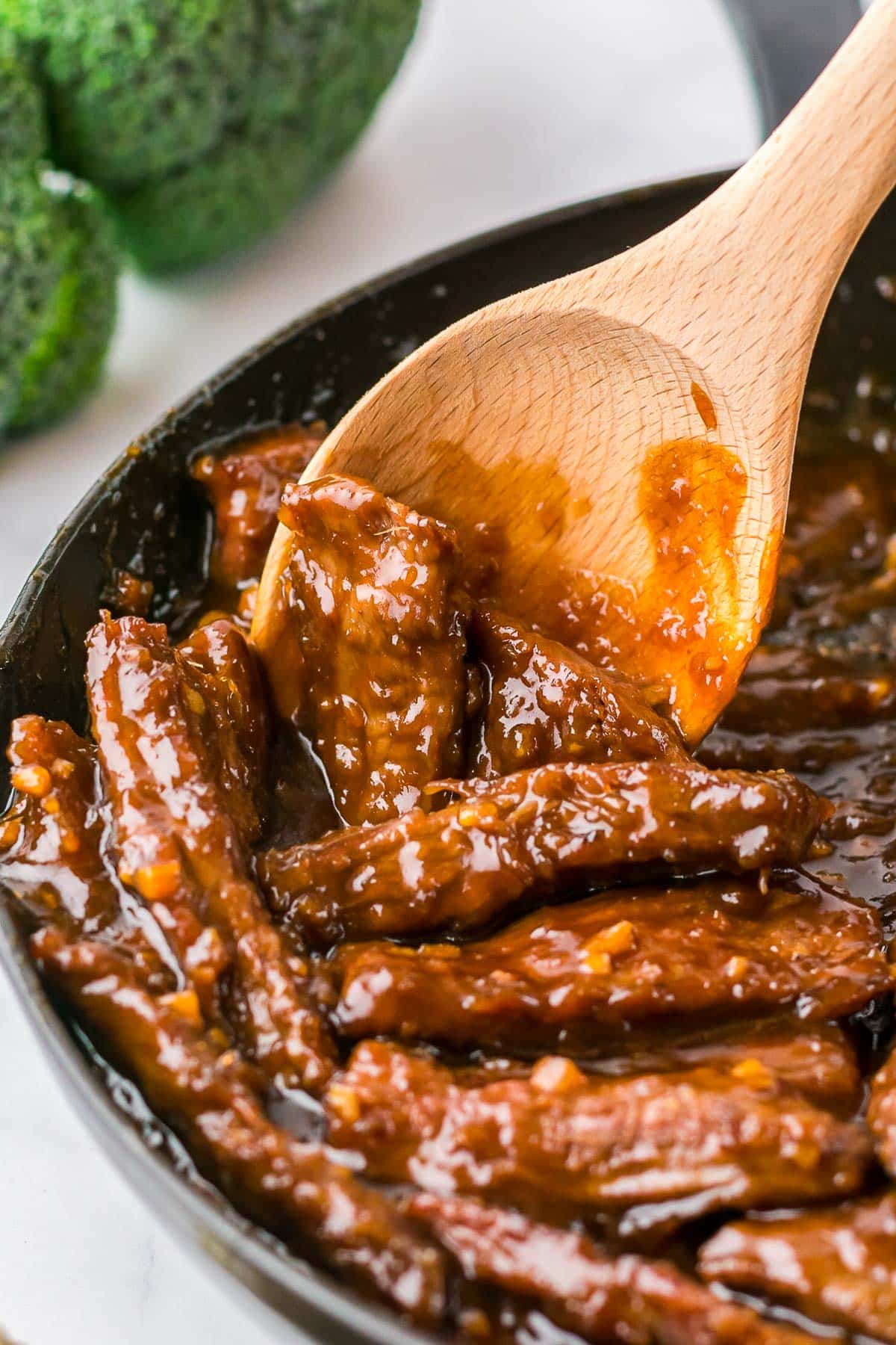 mongolian beef in the pan