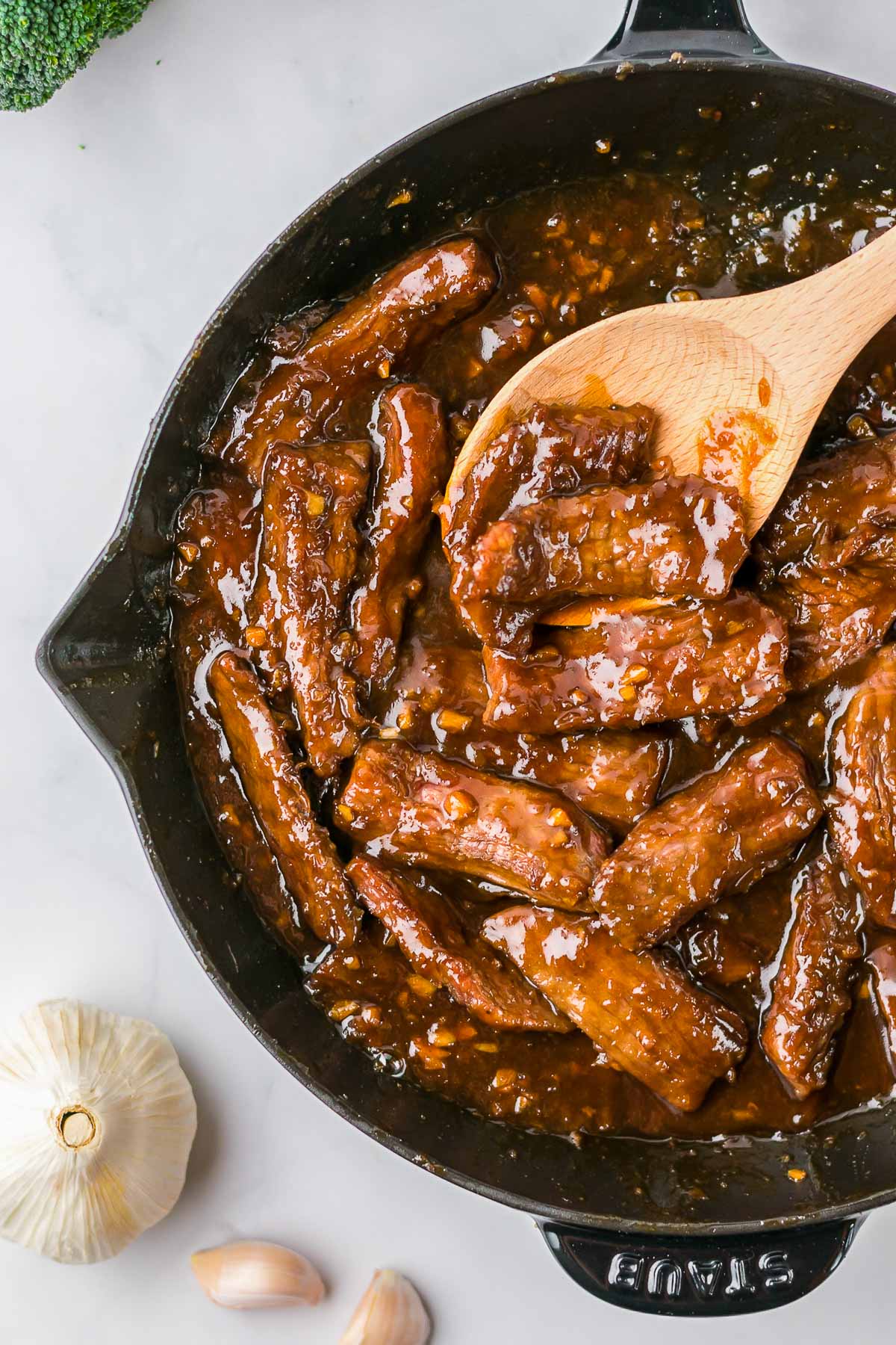 mongolian beef in the pan overhead