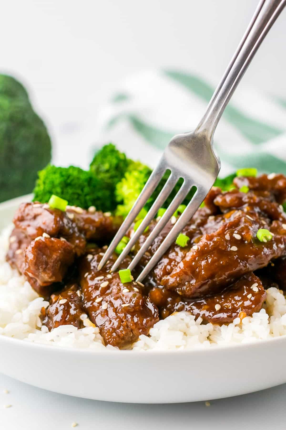 mongolian beef with fork