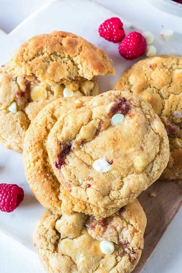 raspberry cheesecake cookies with white chocolate chips -loose stack