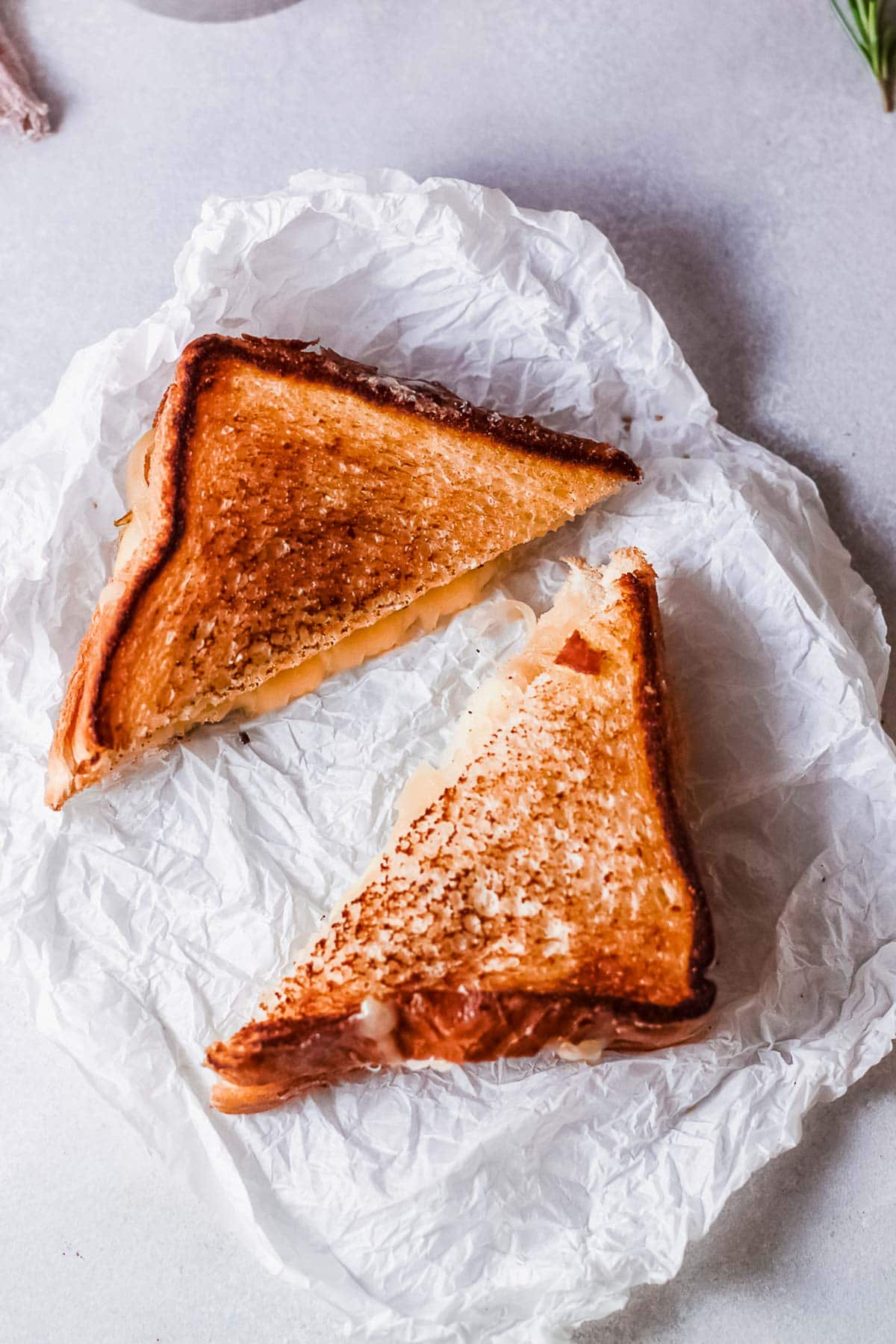 French onion grilled cheese sandwiches halves overhead