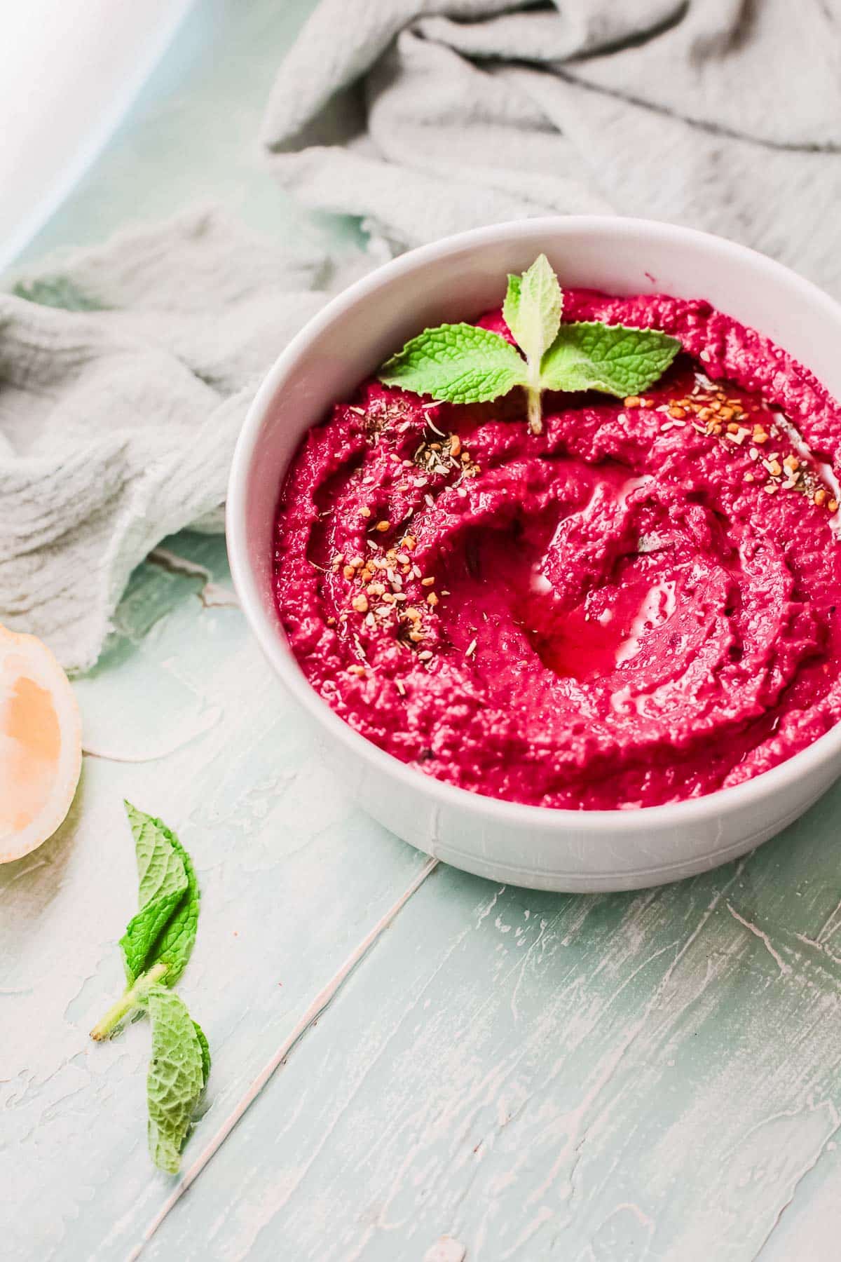 beet hummus in bowl