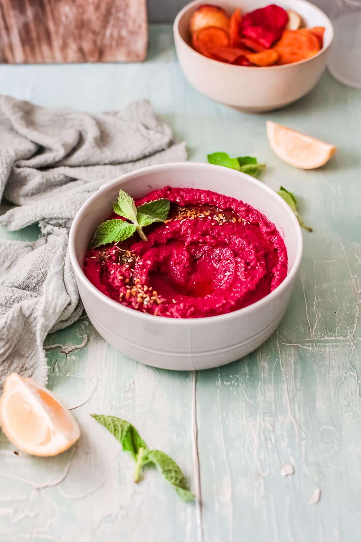 beet hummus in bowl