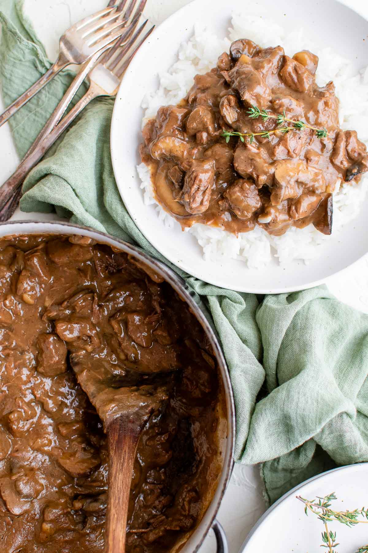 cooked beef tips with gravy overhead 