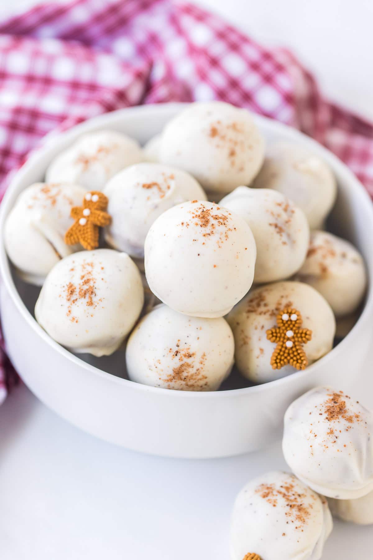 gingersnap white chocolate truffles in bowl with sprinkles