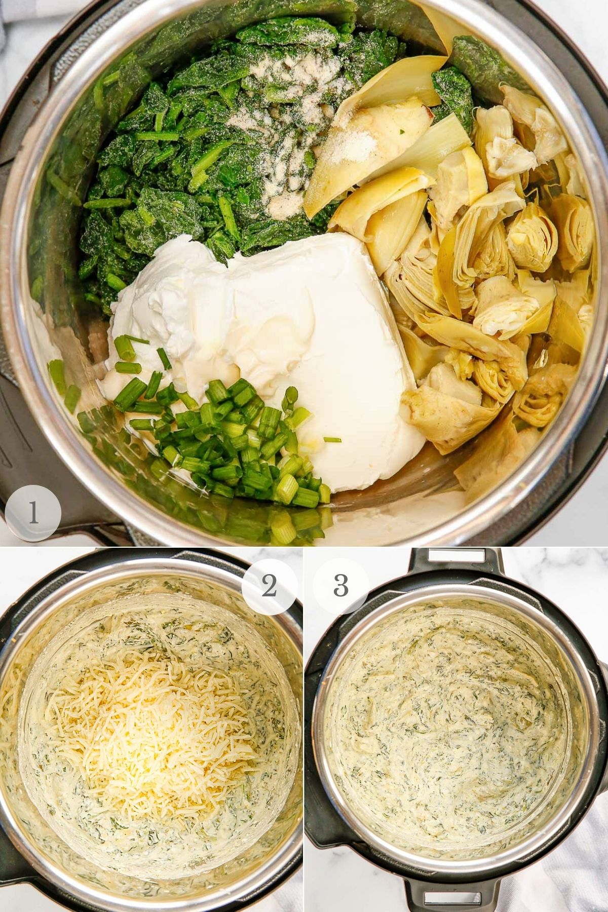 spinach artichoke dip recipe steps collage