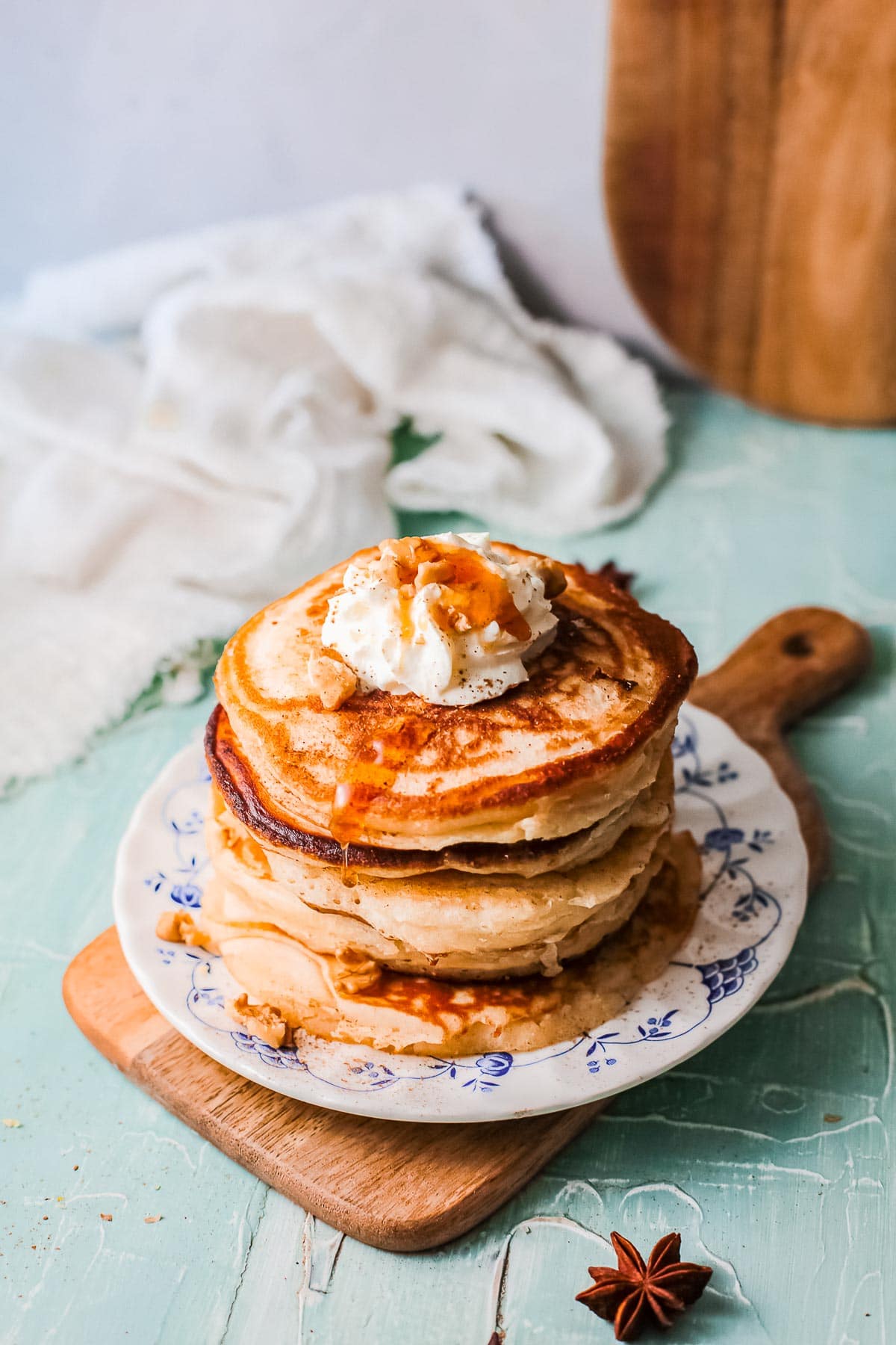 stack of eggnog pancakes from above 