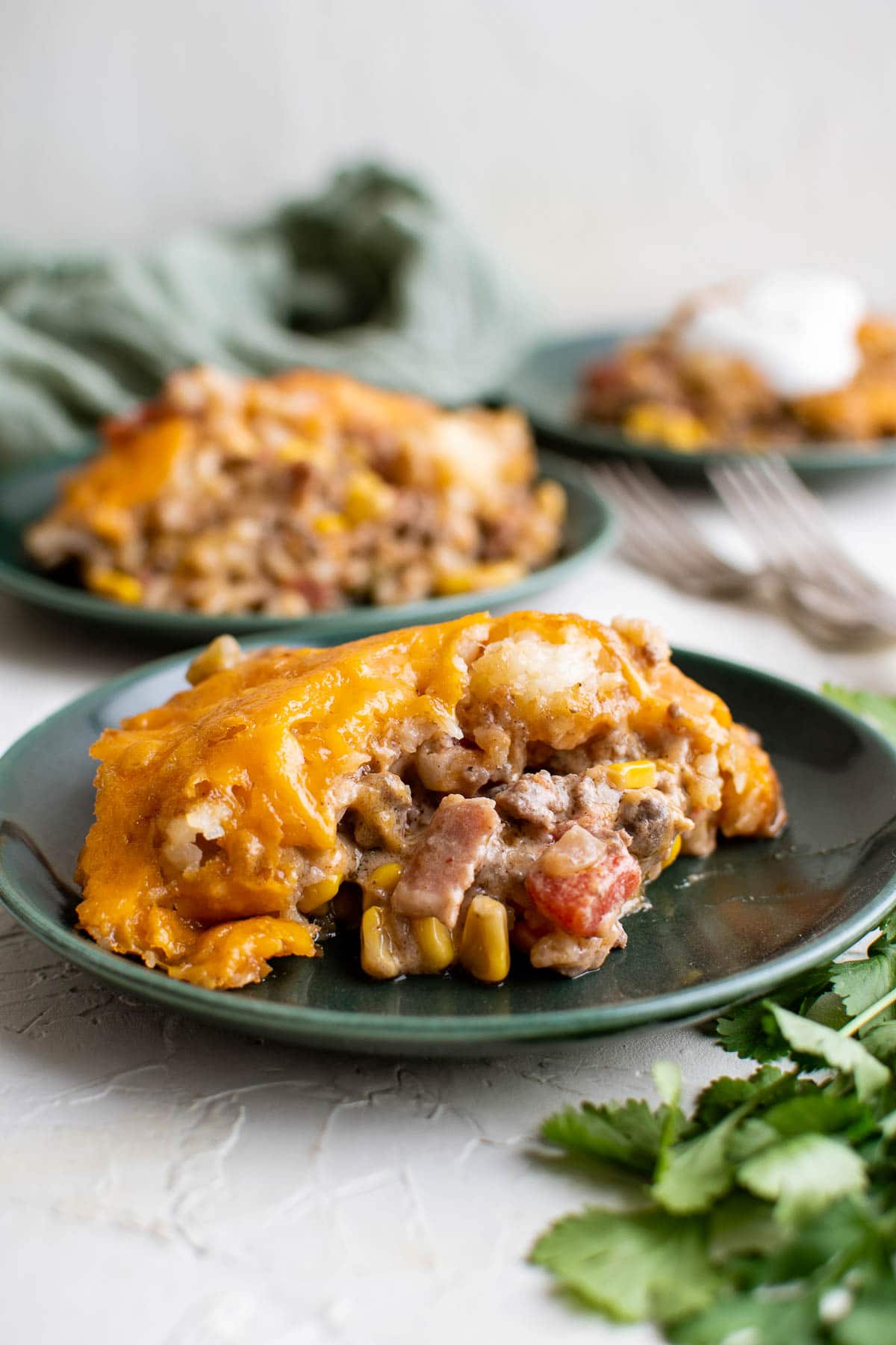 cowboy casserole serving on green plate 