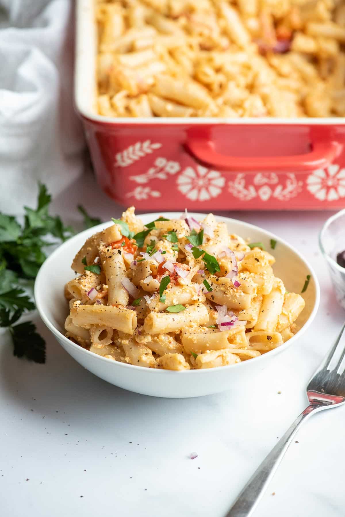 baked feta pasta in bowl